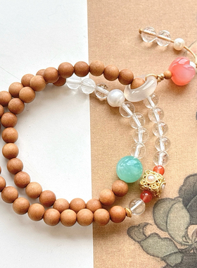 天然捞山檀木搭配白水晶两圈手链女款轻奢小众精致高级感礼物