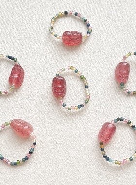 天然草莓晶貔貅戒指女款时尚碧玺多宝戒指百搭水晶戒指礼物