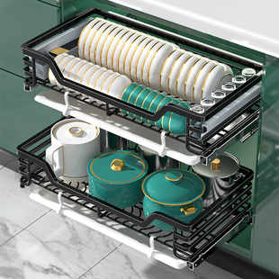 碗篮 希朗拉篮厨房橱柜双层碗盘篮304不锈钢碗碟柜阻尼滑轨抽屉式