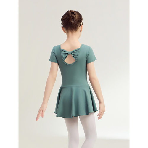 儿童舞蹈服纯棉夏季短袖绿色女童练功服考级连体中国舞2025新款