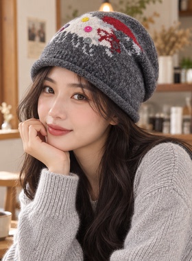 日系复古彩扣小羊提花针织冷帽女秋冬卷边毛线帽子显脸小保暖包头