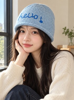 hello刺绣帽子韩版百搭时尚潮流女生冷帽秋冬新款潮帽子