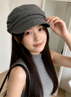 灰色褶皱软檐平顶马术帽女山本风复古报童帽休闲百搭八角画家帽