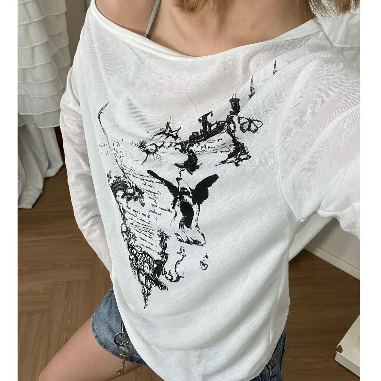 美式慵懒风防晒衣罩衫t恤女夏季辣妹宽松叠穿春秋白色V领长袖上衣