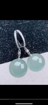 裸石11.8mm, 18k金冰种圆珠耳坠，天然翡翠A货cag6646