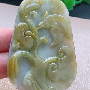 水十十足水日细腻黄翡手工巧雕老坑种A货翡翠 富贵鸟吊坠带证书