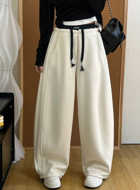 秋冬加厚阔腿弯刀裤女休闲宽松时尚撞色腰头束脚两穿抽绳香蕉卫裤