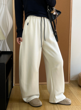 加绒加厚保暖垂坠感拖地香蕉裤冬季小马刺绣松紧腰阔腿弯刀卫裤女