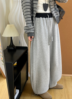 灰色加绒卫裤女冬季撞色抽绳裤脚可收口阔腿束脚两穿休闲弯镰刀裤