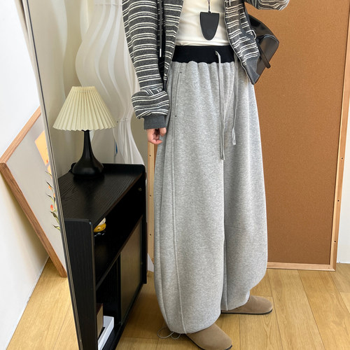 灰色加绒卫裤女冬季撞色抽绳裤脚可收口阔腿束脚两穿休闲弯镰刀裤