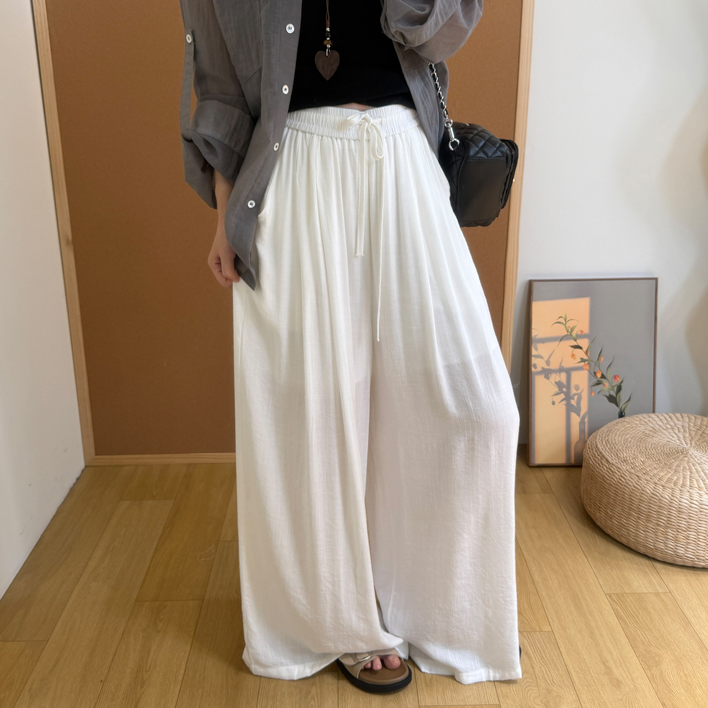 垂顺轻薄凉感天丝棉宽松裤子女夏大裤腿高腰抽绳松弛慵懒拖地长裤