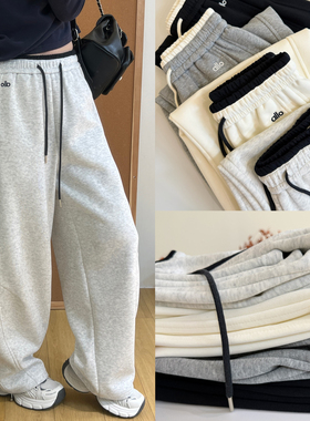 运动风简约字母刺绣抽绳弯刀裤春季撞色松紧腰侧缝拼接两穿卫裤女