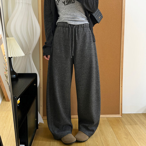 冬季加绒羊绒裤子女灰色高级感花边松紧腰宽松显瘦垂顺直筒阔腿裤