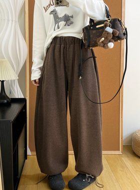 高级感百搭磨毛加绒加厚休闲裤冬季松紧腰阔腿束脚两穿毛呢长裤女