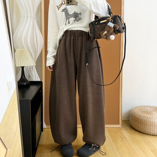 女 松紧腰阔腿束脚两穿毛呢长裤 高级感百搭磨毛加绒加厚休闲裤 冬季