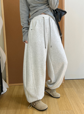 灰色抽绳束脚弯刀卫裤女秋冬加绒加厚高腰百搭宽松阔腿休闲裤长裤