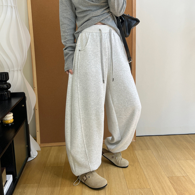 灰色抽绳束脚弯刀卫裤女秋冬加绒加厚高腰百搭宽松阔腿休闲裤长裤