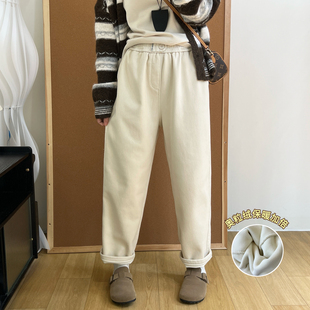 子松紧腰简约百搭宽松哈伦萝卜老爹裤 洗水纯棉裤 女加绒冬季 休闲裤