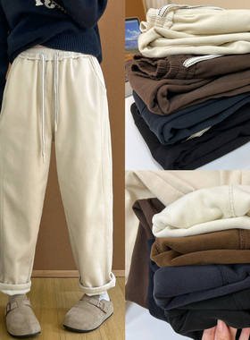 冬季加绒加厚宽松休闲裤女松紧腰抽绳百搭显瘦九分老爹萝卜哈伦裤