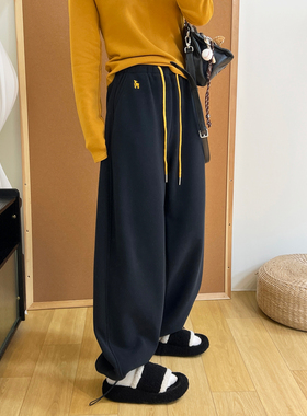 小羊刺绣加绒加厚奥粒绒卫裤女冬季高腰撞色抽绳阔腿收口运动裤子