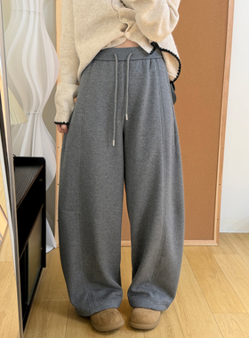 冬季加绒弯刀卫裤女慵懒风休闲百搭加厚奥粒绒阔腿束脚两穿香蕉裤