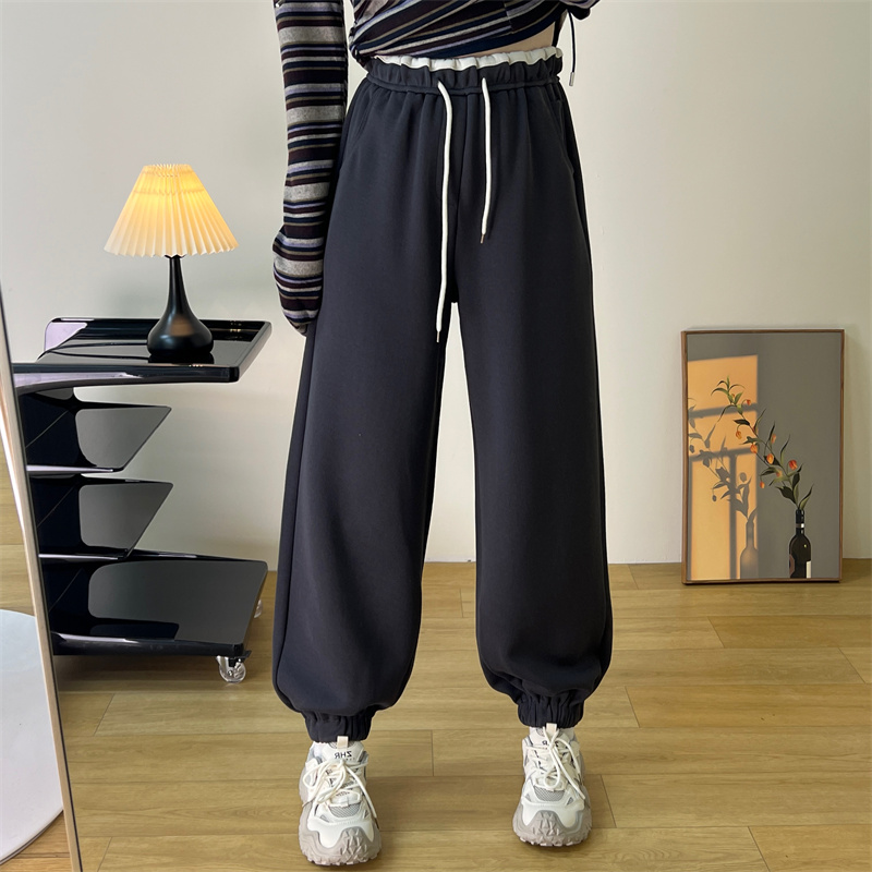 松紧腰撞色哈伦裤子秋季新款美式街头百搭宽松运动休闲束脚卫裤女