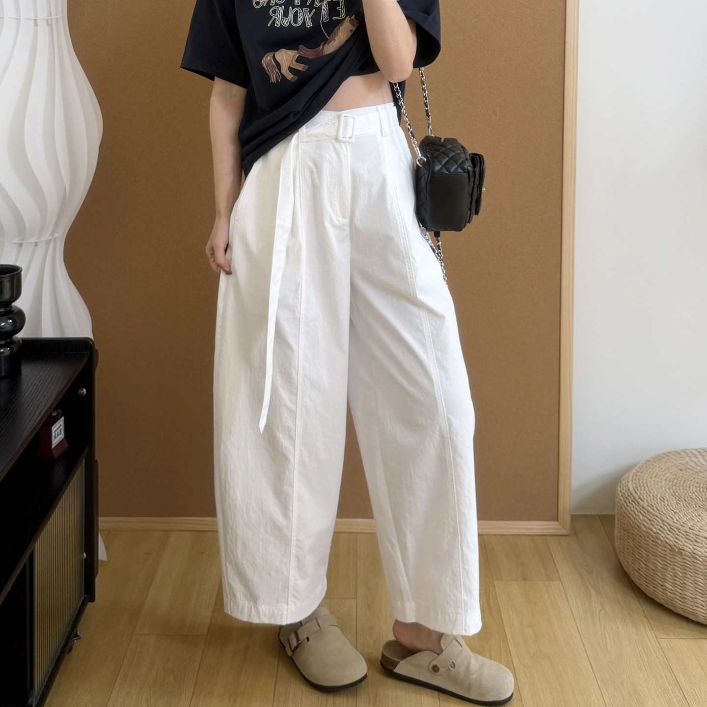 腰带九分气球裤女2026春夏薄款简约百搭高腰显瘦抗皱小弯刀休闲裤