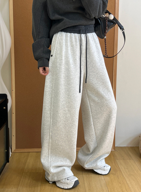 宽松休闲加绒加厚卫裤女冬季松紧腰抽绳裤脚可可收口两穿运动裤子