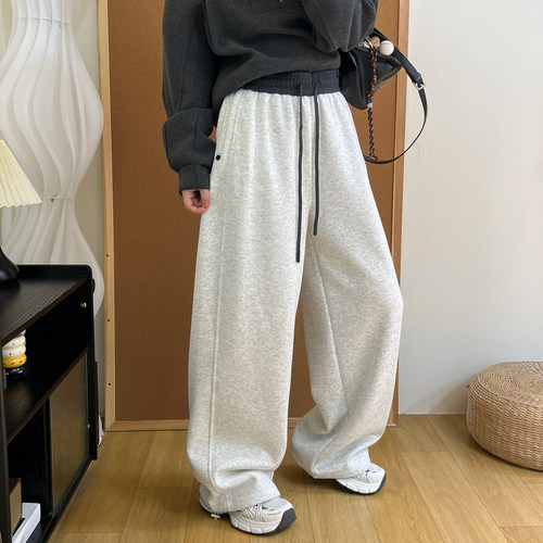 宽松休闲加绒加厚卫裤女冬季松紧腰抽绳裤脚可可收口两穿运动裤子