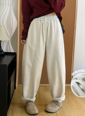 简约百搭一粒扣加绒加厚休闲裤冬季纯棉松紧腰显瘦哈伦牛仔老爹裤