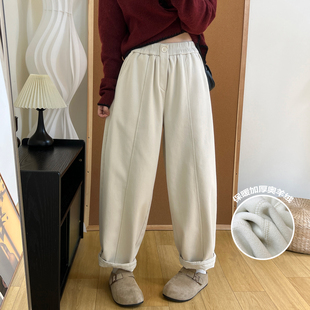 纯棉松紧腰显瘦哈伦牛仔老爹裤 简约百搭一粒扣加绒加厚休闲裤 冬季