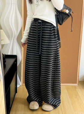 时尚百搭条纹垂感毛呢香蕉裤女冬季加绒加厚可收口两穿阔腿休闲裤