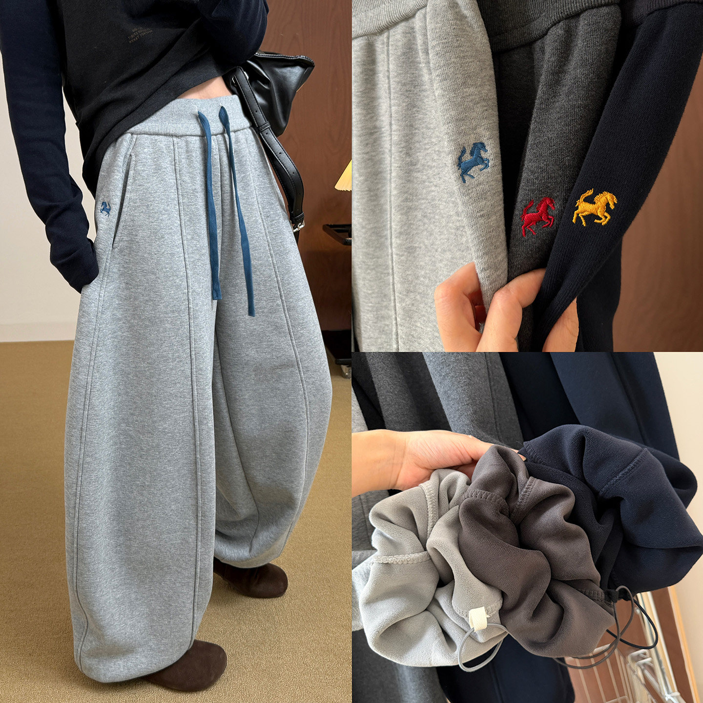 小马刺绣撞色抽绳加绒卫裤女2026冬季新款加厚保暖宽松休闲香蕉裤