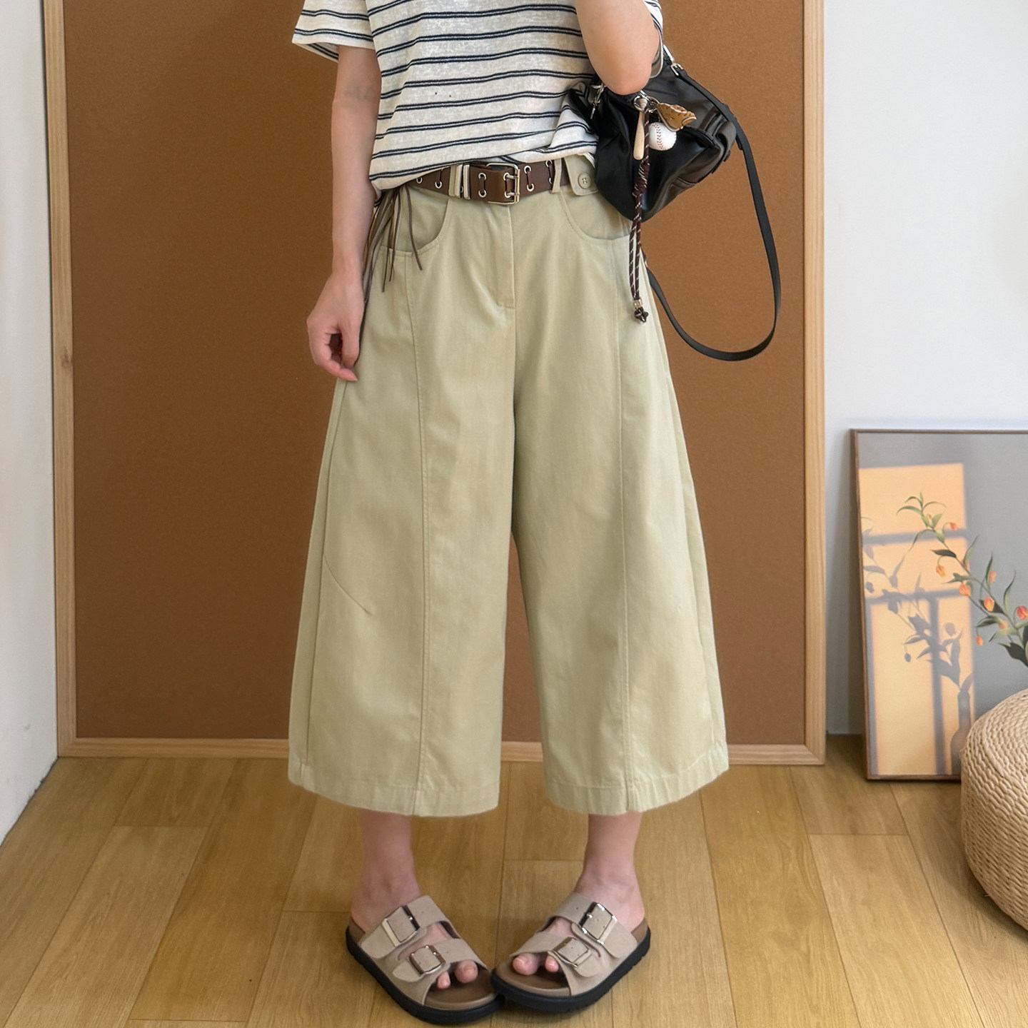 百搭遮肉显瘦七分休闲裤女2026夏季新款双排扣流苏腰带直筒阔腿裤
