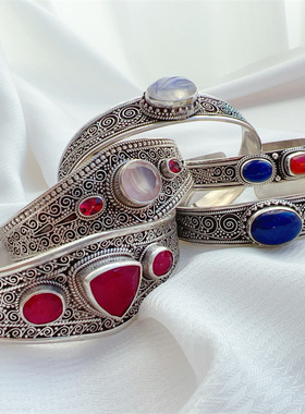 尼泊尔复古925银天然宝石手镯
