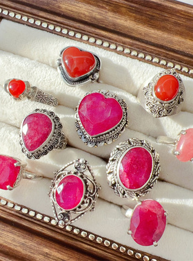 925银复古风纯手工戒指红宝石