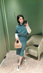高腰开叉过膝直筒裙女 2025春夏新款 条纹套装 长袖 POLO衫