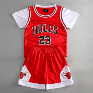 儿童短袖 假两件篮球服公牛队23号球衣中大童运动速干衣训练服定制