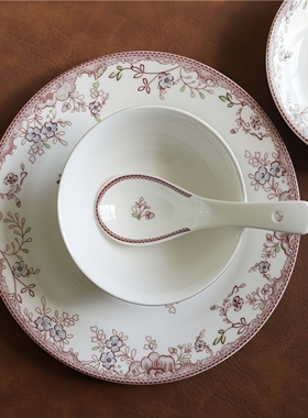 釉中彩中式摆台餐具套装包房摆台4件套可微波炉中国风餐厅红色盘