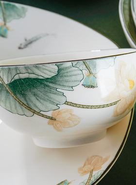 中式釉中彩家用陶瓷炒菜盘子米饭碗面碗汤碗碟勺套装新盘子菜盘