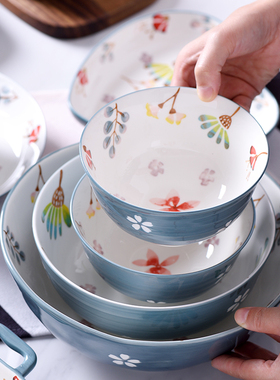 可爱陶瓷家用手绘釉下彩餐具碗碟盘组合套装可爱水果碗