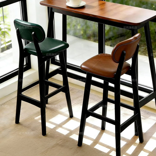 北欧原木吧台椅现代简约家用靠背吧凳酒吧椅高脚凳奶茶店前台椅子