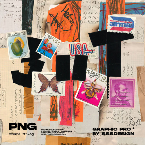 3SD3复古手账拼贴艺术邮票信件手账拼贴画报免扣PNG图片设计素材