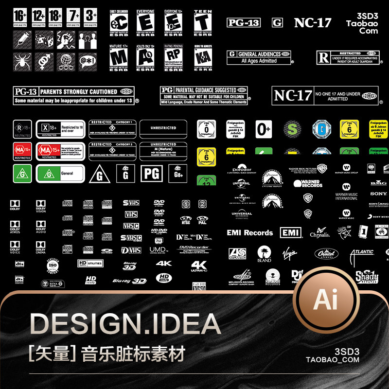 3sd3国外个性时尚嘻哈音乐电影分级脏标符号矢量图形ai设计素材