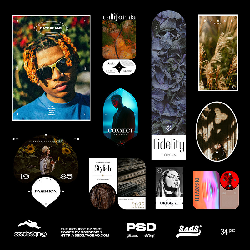 3SD3复古人物照片墙情绪板手账排版PS样机贴纸模板英文字体PS素材