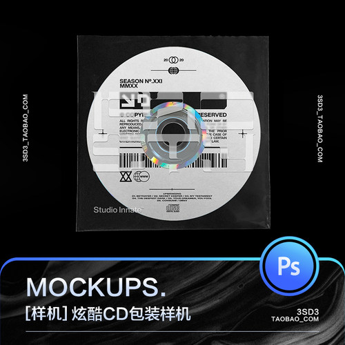 3SD3酷炫街头嘻哈电音风CD光盘唱片透明包装袋展示样机PS设计素材