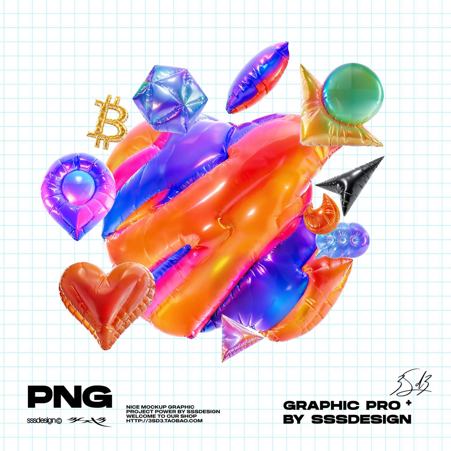 3SD3 幻彩现代彩虹渐变光泽充气轻盈气球形态立体抽象PNG免扣图标