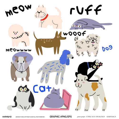 3SD3手绘扁平卡通猫狗插画PNG素材可爱涂鸦宠物猫咪狗狗EPS矢量图