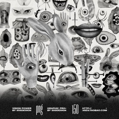 恐怖哥特暗黑超现实素描怪诞复古黑白眼球手绘艺术纹身免扣素材图