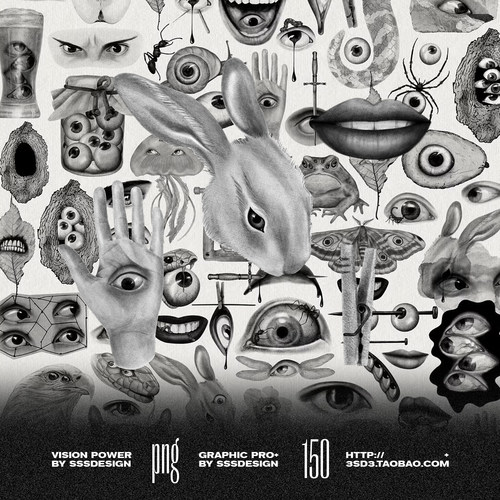 恐怖哥特暗黑超现实素描怪诞复古黑白眼球手绘艺术纹身免扣素材图